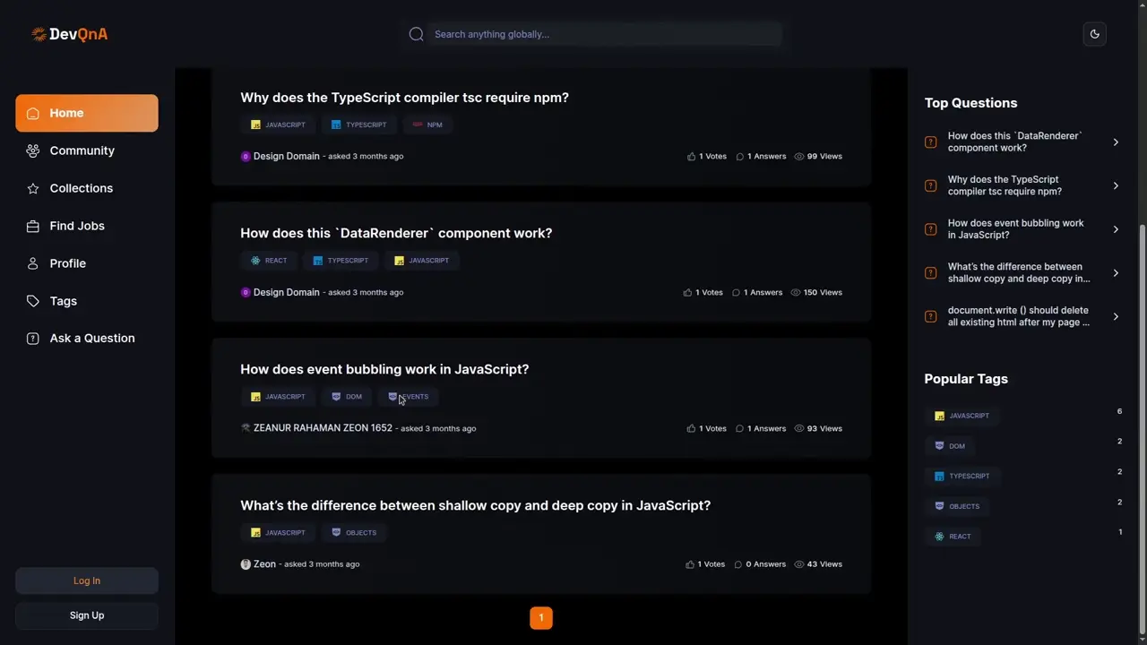DevQnA question list with tags and vote counts.
