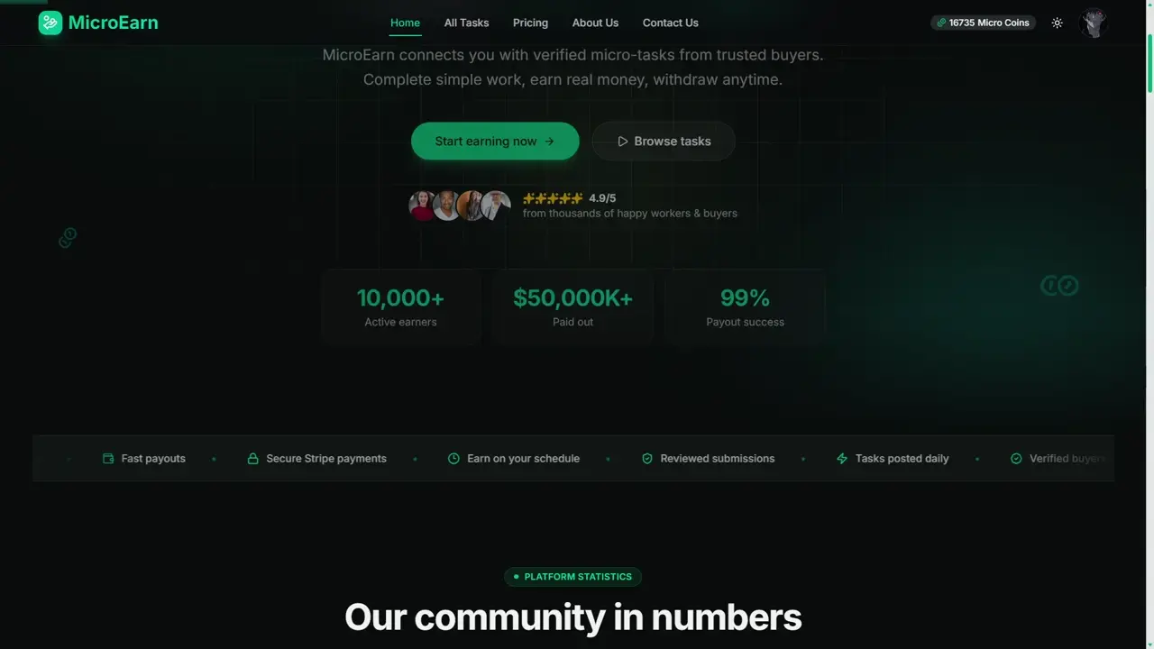 MicroEarn task marketplace landing page.