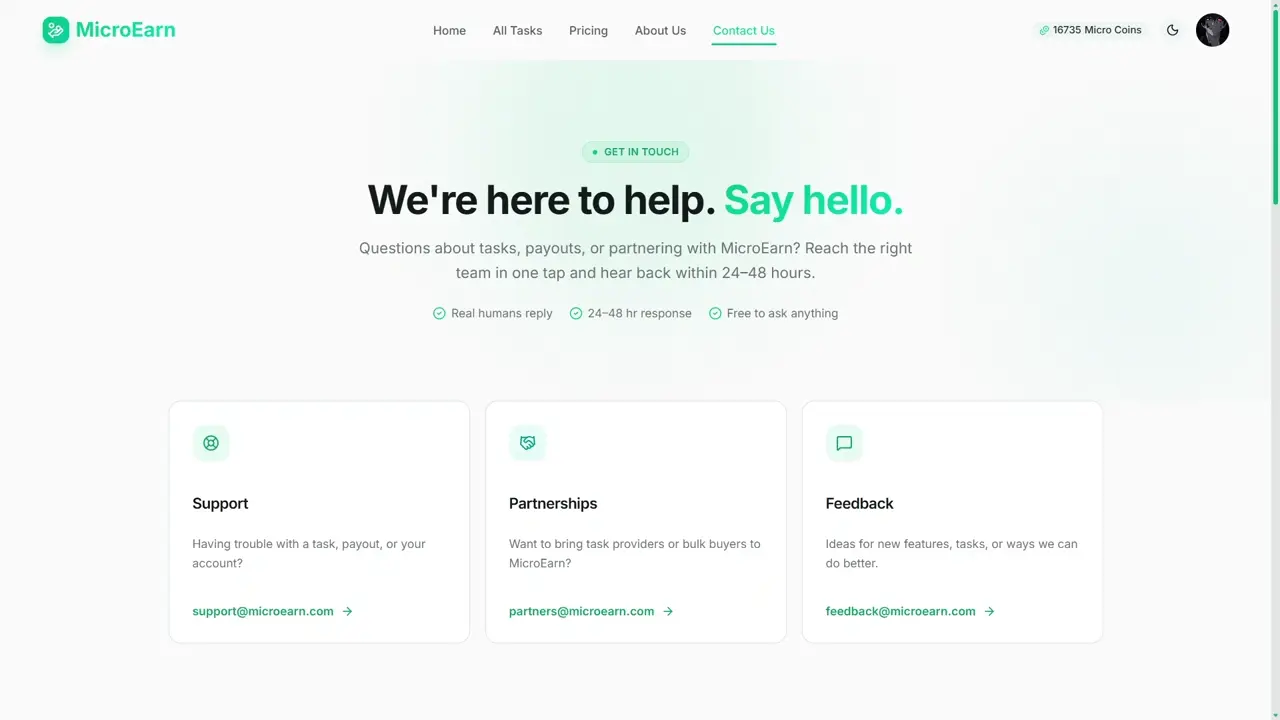 MicroEarn admin dashboard with platform KPIs.